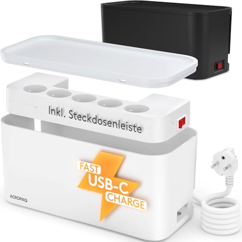 ACROPAQ Kabelaufbewahrungsbox - Kabelabdeckung mit integrierter Steckdosenleiste mit Erdungsstift, geeignet für Frankreich, USB-A und USB-C Anschlüsse, Quick Charge 3.0, Steckdosensicherung ACROPAQ Kabelaufbewahrungsbox - Kabelabdeckung mit integrierter Steckdosenleiste mit Erdungsstift, geeignet für Frankreich, USB-A und USB-C Anschlüsse, Quick Charge 3.0, Steckdosensicherung von ACROPAQ