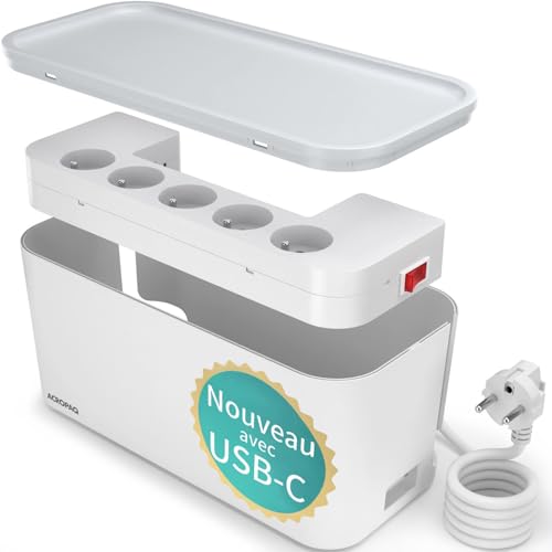 ACROPAQ Kabelaufbewahrungsbox - Kabelabdeckung mit integrierter Steckdosenleiste mit Erdungsstift, geeignet für Frankreich, USB-A und USB-C Anschlüsse, Quick Charge 3.0, Steckdosensicherung von ACROPAQ