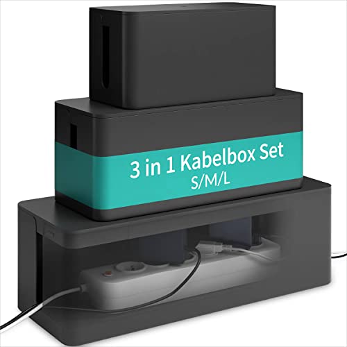 ACROPAQ Kabelbox 3 in 1 Set - Große, Medium und Kleine Kabelboxen, ganz einfach Kabel verstecken und Steckdosen verstecken, Wasserfest, rutschfest, Kabelmanagement ohne Kabelsalat mehr - Schwarz von ACROPAQ