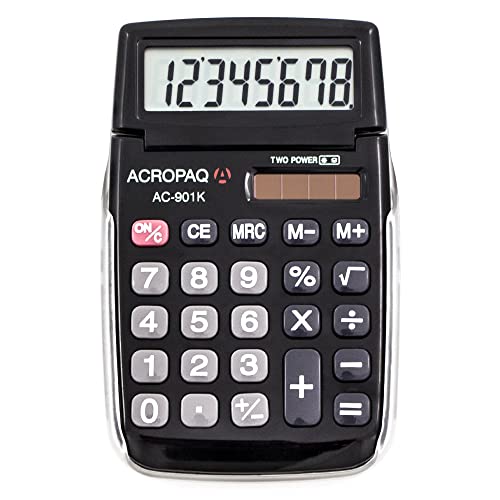 ACROPAQ - Taschenrechner - 8 stelliges LC-Display, Dual Power (Batterie + Solar), Mit Speicher, Wurzelziehen und Prozentrechnung - Schwarz von ACROPAQ