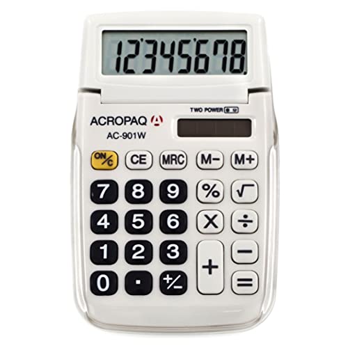 ACROPAQ - Taschenrechner - 8 stelliges LC-Display, Dual Power (Batterie + Solar), Mit Speicher, Wurzelziehen und Prozentrechnung - Weiß von ACROPAQ