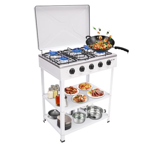 ACROSSPART 5 Brenner Gaskochfeld, Tragbarer Outdoor Gasherd Camping, Freistehender Gaskocher mit 2-Tier Storage Rack und Individuelle Temperatursteuerung, Campingkocher für Garten (Weiß) von ACROSSPART