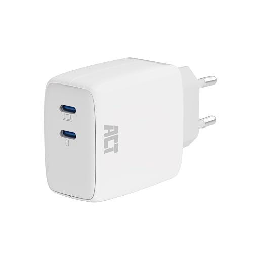 ACT 65W 2-Port USB-C Ladegerät, Power Delivery PPS, GaNFast Adapter, Ohne Ladekabel USB Stecker, iPhone, MacBook Air M1/M2, iPad, Android – AC2165 von ACT