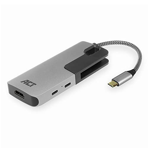 ACT AC7021 USB C auf HDMI Adapter 7 in 1 mit Aluminium Gehäuse, 4K @ 30 Hz HDMI, 2-Port USB Type C 60W PD, 2-Port USB 3.0, SD/TF-Kartenleser, zum Anschließen Eines Zusätzlichen Monitors, Grau von ACT
