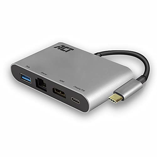 ACT AC7040 USB-C Multiport Adapter 4 in 1, HDMI/USB/LAN/USB Typ C 60W PD, Anschluss eines zusätzlichen Monitors an den Laptop, Silber von ACT
