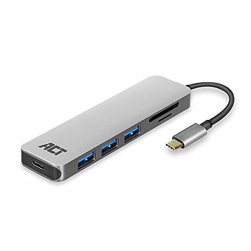 ACT AC7050 USB C Hub 6 in 1, 3-Port USB 3.0, USB Type C 55W PD-Stromversorgung, SD/TF Kartenleser, mit Premium Aluminum Gehäuse von ACT