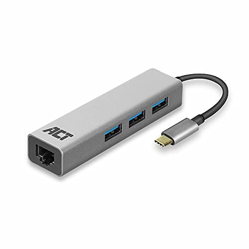 ACT AC7055 LAN Netzwerkadapter mit 3-Port USB 3.0 SuperSpeed 5Gbps, RJ45 Gigabit Ethernet 10/100/1000 Mbps, Silber von ACT
