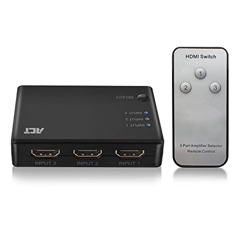 ACT HDMI Switch 3 in 1 Out, 4K, drahtlose IR-Fernbedienung, automatische Umschaltung, kompatibel mit TV, PS5, Xbox One, DVD-Blu-ray-Player - AC7845, Schwarz von ACT