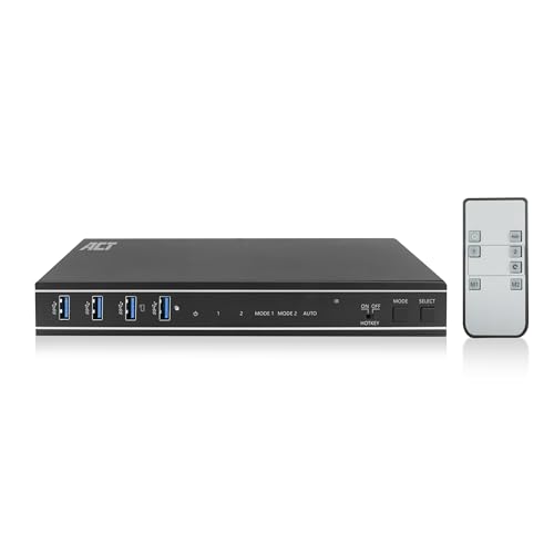 ACT KVM Switch 2 PC 2 Monitore, 4K@60Hz, HDMI Switch, 4-Port USB 3.0, HDCP 2.3, mit HDMI und USB-Kabeln, Fernbedienung, Montagebügel Büro – AC7914 von ACT