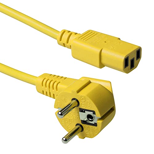 ACT Kaltgerätekabel 3m, C13 Kabel, PC Stromkabel, CEE 7/7 auf C13 3 Pin – Schutzkontakt gewinkelt - AK5143 Gelb von ACT