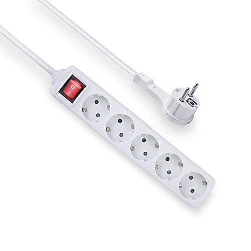 ACT Steckdosenleiste Flachstecker 5-Fach, Power Strip 1.5m, Mehrfachsteckdose mit Kindersicherung, Steckerleiste mit Schalter, Steckdosen im 45 Grad Winkel – AC2455 von ACT