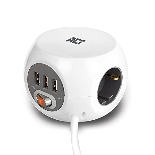 ACT Steckdosenwürfel mit USB,3-Fach Steckdosenleiste USB, USB-A 3-Port, mit Schalter, Mehrfachsteckdose Würfel Kabellänge 1,5m - AC2405 von ACT