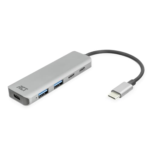 ACT USB C Hub, 4-Port USB 3.0 Hub, 2X USB-C und 2X USB-A, mit Premium Aluminum Gehäuse, Grau – AC7072 von ACT