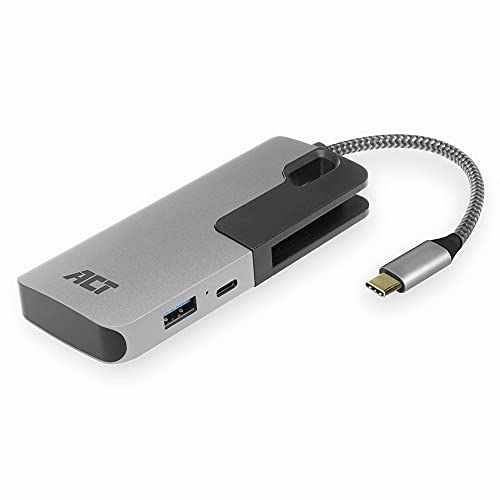 ACT USB C Hub 6 in 1, 3-Port USB 3.0, USB Typ C 60W PD-Netzteil, SD/TF-Kartenleser, mit Premium-Aluminiumgehäuse - AC7052 von ACT
