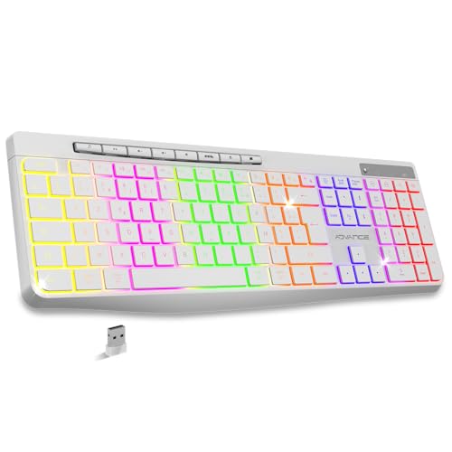 AD ADVANCE R-Typ, kabellose Tastatur, leise, wiederaufladbar, ergonomische Tasten, beleuchtet, französisches Layout, lange Akkulaufzeit, Verbindung 2,4 GHz, kompatibel mit Windows, Mac, PC, Weiß von AD ADVANCE