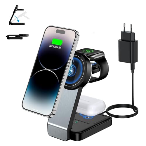 3 in 1 Faltbar Magsafe Ladegerät, Induktive Kabelloses Ladestation für iPhone 16/15/14/13/12/Plus/Pro Max/Mini,Wireless Charger für Apple Watch 9/8/7/6/SE/5/4/3/2, AirPods Pro/2/3 (mit Adapter) von ADADPU