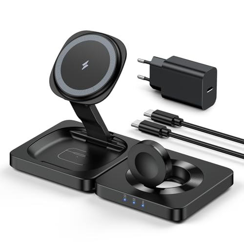 3 in 1 Faltbar Ladegerät, Induktive Kabelloses Ladestation für iPhone 16/15/14/13/12 Plus/Pro Max,Wireless Charger für Apple Watch 10/9/8/7/6/5/4/3/2 SE Ultra,AirPods 3 2 Pro (mit Adapter) von ADADPU