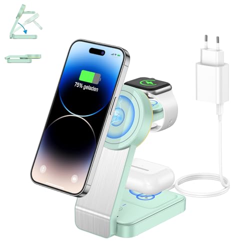 3 in 1 Faltbar Mag-Safe Ladegerät，Induktive Kabelloses Ladestation für 16/15/14/13/12/Pro Max/Mini,Wireless Charger für Apple Watch 10/9/8/7/6/SE/5/4/3/2, AirPods Pro/2/3(mit Adapter) von ADADPU