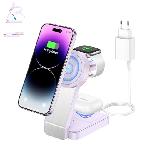 3 in 1 Faltbar Mag-Safe Ladegerät，Induktive Kabelloses Ladestation für 16/15/14/13/12/Pro Max/Mini,Wireless Charger für Apple Watch 10/9/8/7/6/SE/5/4/3/2, AirPods Pro/2/3(mit Adapter) von ADADPU