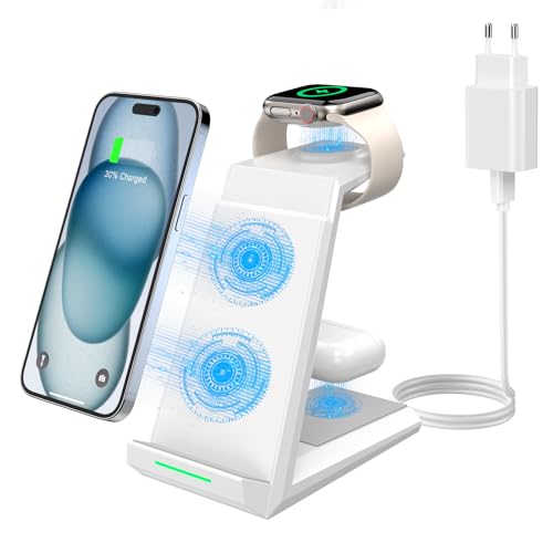 3 in 1 Induktive Ladestation Apple Watch und iPhone, Kabelloses Ladegerät für iPhone 15/14/13/12/11/Pro Max/Mini,Wireless Charger für Apple Watch 9/8/7/6/SE/5/4, AirPods Pro/2/3(mit Adapter) von ADADPU