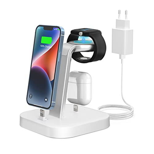 Ladestation für mehrere Geräte – ADADPU 3 in 1 Kabelloser Ladeständer für Apple Watch Serie 9/8/7/6/5/4/3/2/SE Handy-Ladestation für AirPods iPhone 14/13/12/11 Pro X Max XS XR 8 7 Plus-Weiß von ADADPU