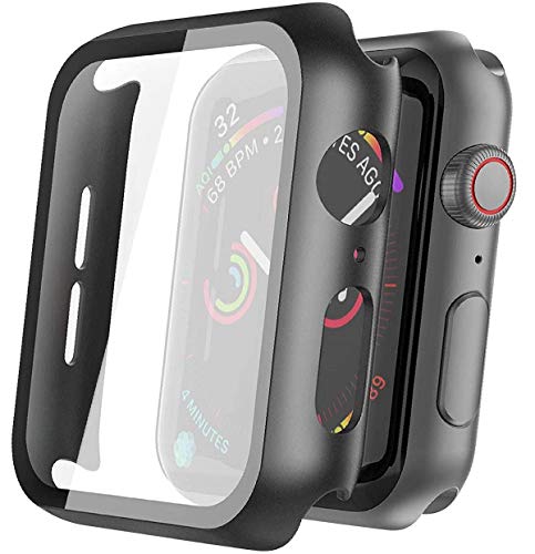 ADARON Apple Watch ScreenProtector, Hard PC Case with HD Clear Tempered Glass Screen Protector, Overall Protective Cover Compatible with Apple Watch Series 6 SE Series 5 Series 4 (Black) (44mm) von ADARON