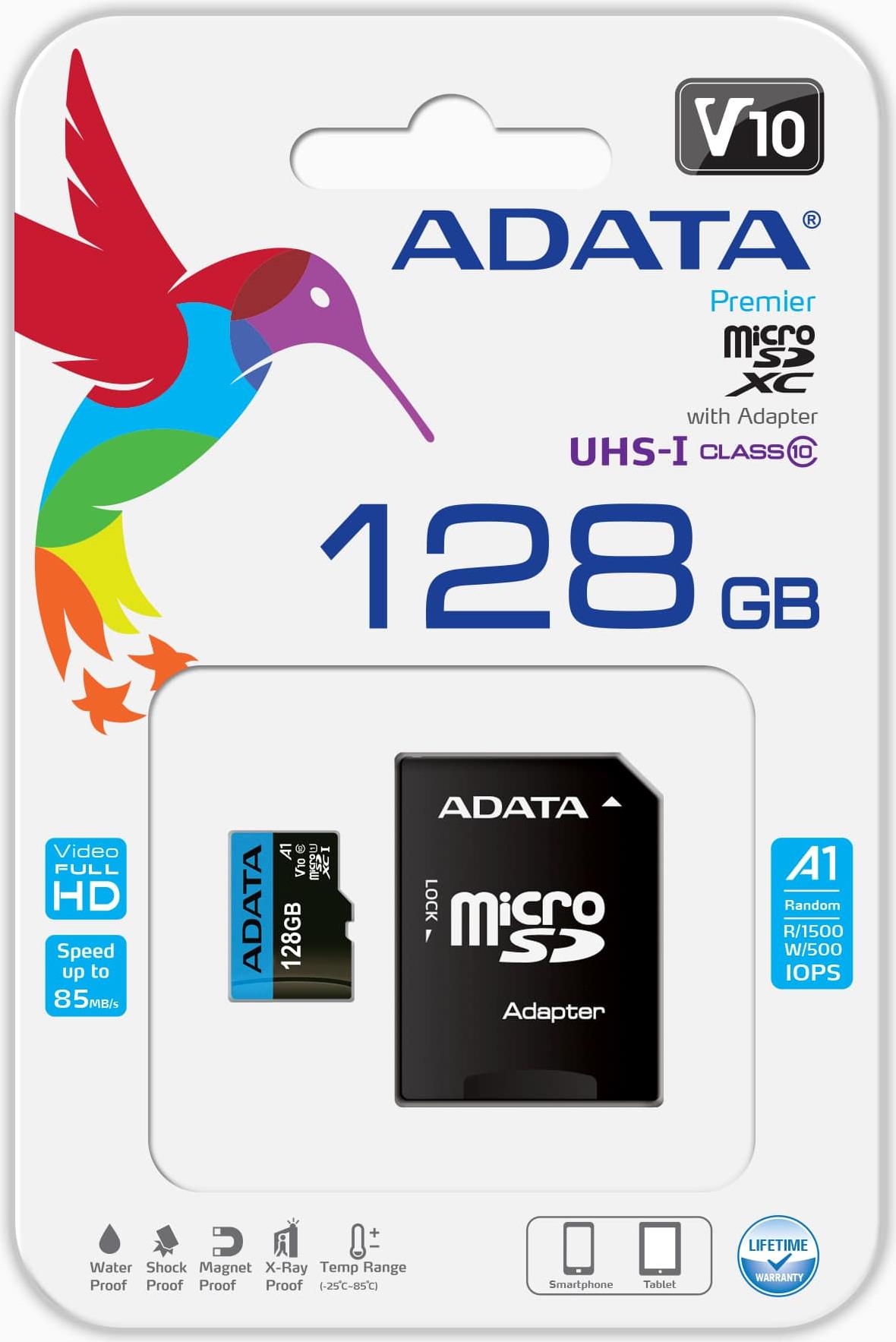ADATA Premier - Flash-Speicherkarte (microSDXC-an-SD-Adapter inbegriffen) - 128 GB - UHS Class 1 / Class10 - microSDXC UHS-I - für Einzelhandelskunden von ADATA
