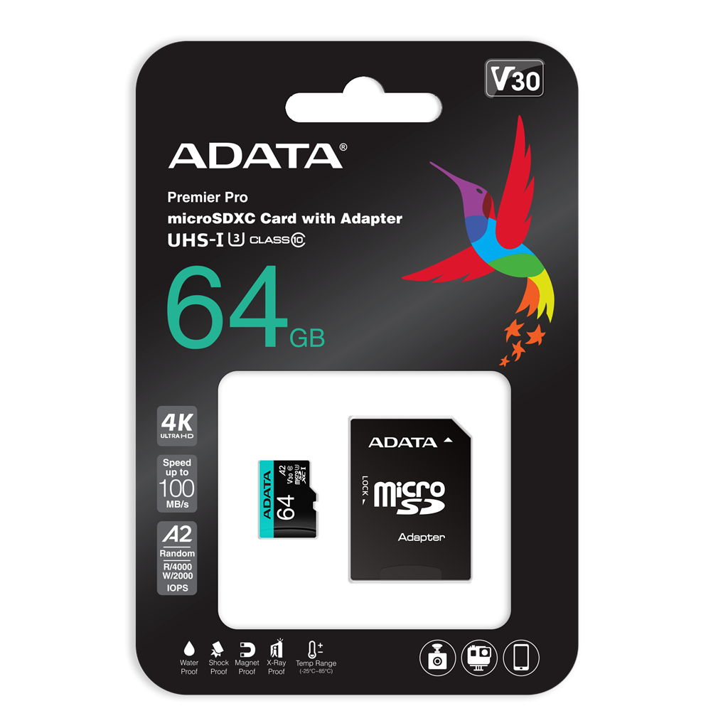 ADATA Premier Pro V30S - Flash-Speicherkarte (SD-Adapter inbegriffen) - 64 GB - A2 / Video Class V30 / UHS-I U3 / Class10 - microSDXC UHS-I (AUSDX64GUI3V30SA2-RA1) von ADATA