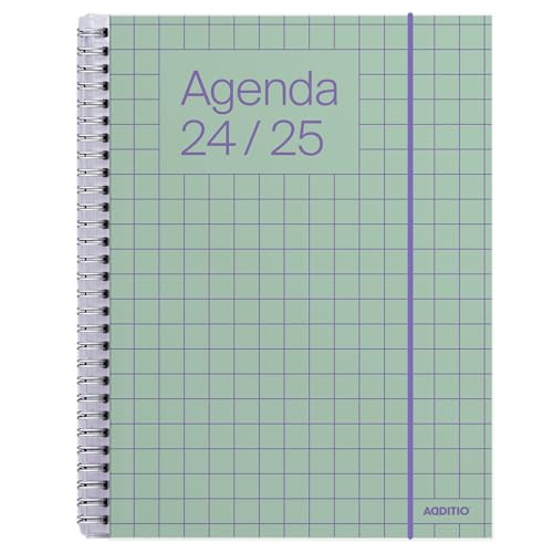 ADDITIO Schülerkalender 2024-25 | Universal | Wochenansicht | September 2024 bis Juli 2025 | 16,5 x 21,5 cm | Gummiband | Stifthalter | Aufkleber | Katalanisch | Mintgrün von ADDITIO