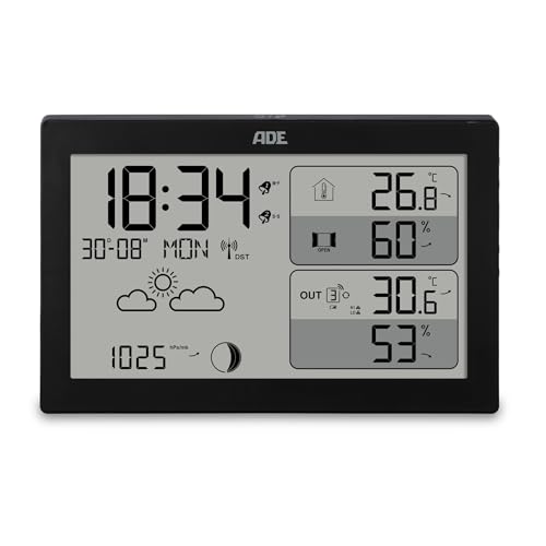 ADE Digitale XL-Wetterstation Funk mit Außensensor und Wettervorhersage | Innen- & Außentemperatur | Thermometer und Hygrometer | Luftdruck | Funkuhr mit 2 Weckzeiten | Datum und Mondphasen | schwarz ADE Digitale XL-Wetterstation Funk mit Außensensor und Wettervorhersage | Innen- & Außentemperatur | Thermometer und Hygrometer | Luftdruck | Funkuhr mit 2 Weckzeiten | Datum und Mondphasen | schwarz von ADE