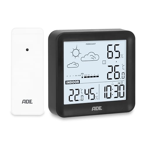 ADE Kleine digitale Wetterstation funk mit Außensensor und Wettervorhersage | Innen- und Außentemperatur | Luftfeuchtigkeit | Funkuhr mit Wecker | inkl. Batterien | schwarz von ADE