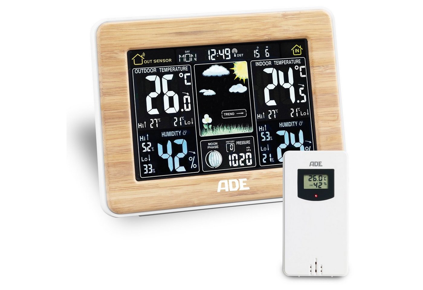 ADE Wetterstation Funk mit Außensensor, mit animierter Vorhersage Funkwetterstation (mit Barometer, LED-Farbdisplay, Funkwecker, Bambusrahmen) von ADE