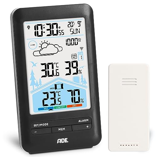 ADE Wetterstation Funk mit Außensensor und Funkwecker | mit Lüftungsempfehlung | Hygrometer, Thermometer | 2 Weckzeiten | animierte Wettervorhersage | Schlummerfunktion | LCD-Farbdisplay von ADE