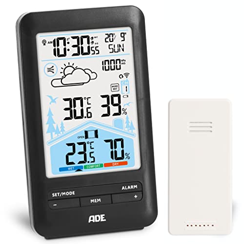 ADE Wetterstation Funk mit Außensensor und Funkwecker | mit Lüftungsempfehlung | Hygrometer, Thermometer | 2 Weckzeiten | animierte Wettervorhersage | Schlummerfunktion | LCD-Farbdisplay von ADE