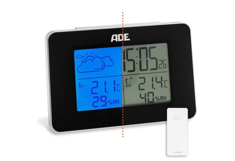 ADE Wetterstation für drinnen und draußen Funkwetterstation (mit Außensensor, animierte Wettervorhersage, mit Luftfeuchtigkeitsmessung) von ADE