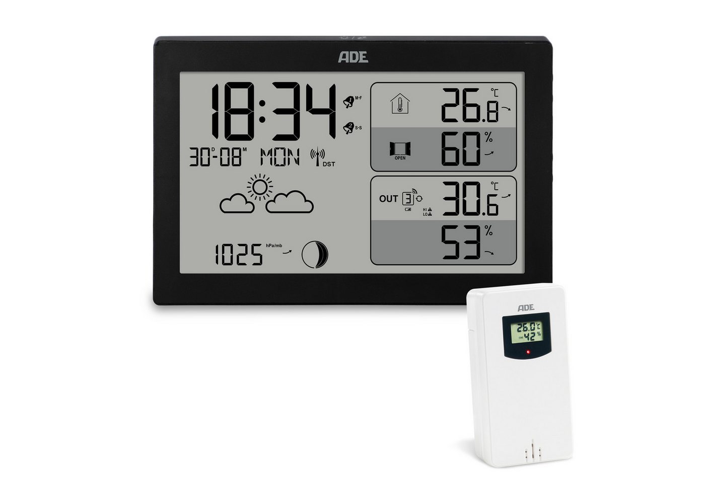 ADE mit Außensensor, Wettervorhersage und Lüftungsempfehlung Funkwetterstation (Außensensor, 3 Sensoren koppelbar, 2 Weckzeiten, mit Luftdruckmessung) von ADE