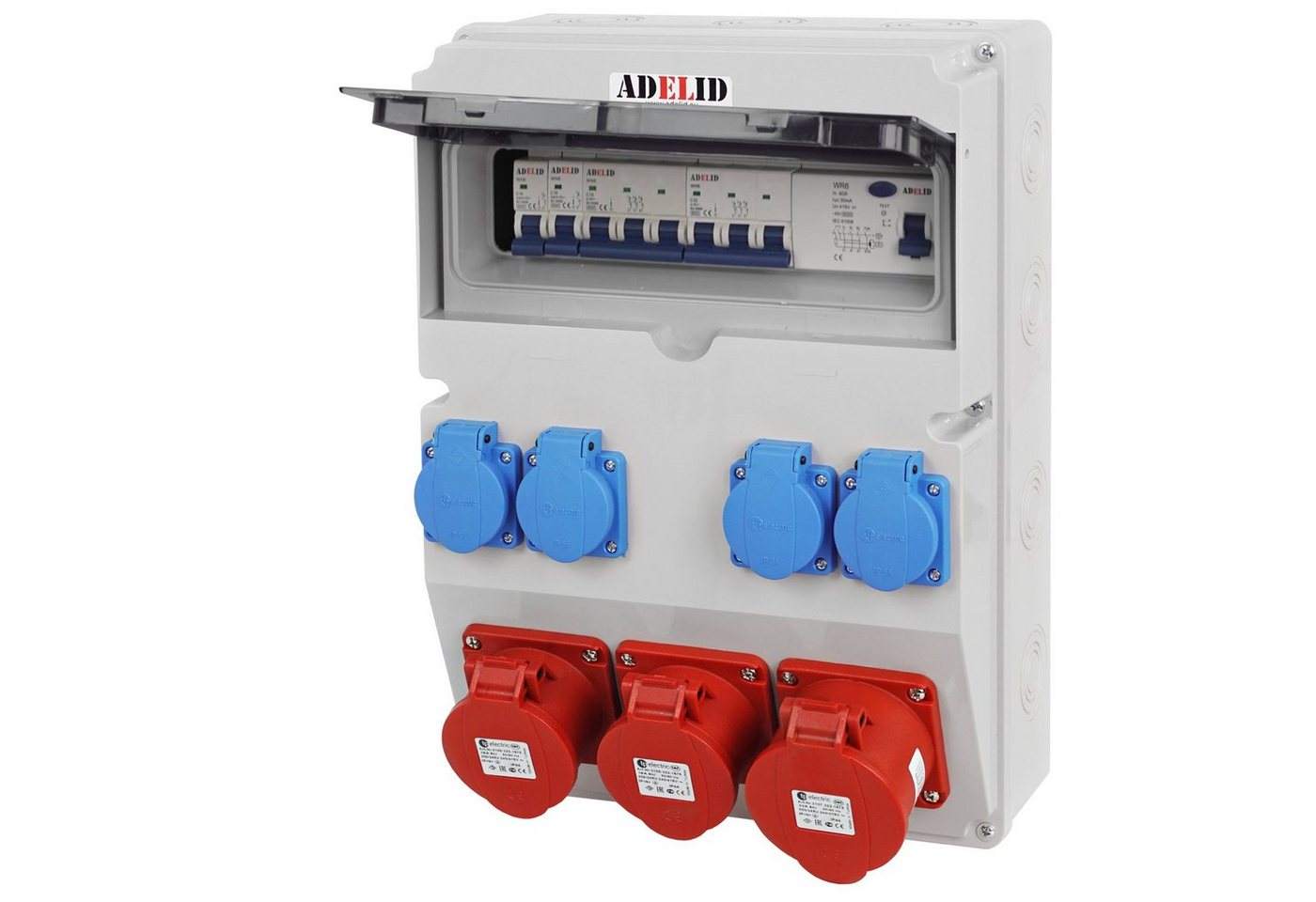 ADELID Stromverteiler, Wandverteiler 32A 16A 5-polig CEE 4x 230V Schuko FI-Schalter IP65 ADELID Stromverteiler, Wandverteiler 32A 16A 5-polig CEE 4x 230V Schuko FI-Schalter IP65 von ADELID