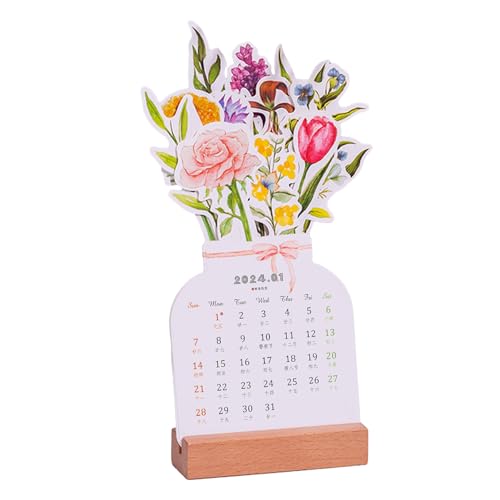 Blühender Blumen-Tischkalender | Kreative Blumen-Schreibtischkalender | Blumen-Themenkalender | Vasenförmiger Monatsplanerkalender mit Holzsockel | Desktop-Blumenkalender, florales Schreibtischdekor von ADERN