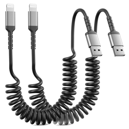 Spiralkabel Lightning Kabel 2Stück, Apply Carplay ＆ MFi Zertifiziert, Kurz iPhone Auto Ladekabel Coiled USB A auf Lightning Schnellladekabel Kompatibel für iPhone14 13 12 11 Pro Max XS XR X 8 7 iPad von ADILIFT