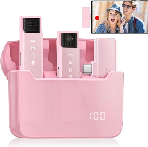 ADIUPUL Rosa Dual Wireless Lavalier-Mikrofon für USB-C-Telefone mit HD-Kontrollleuchte, rosa Mini-Mikrofon mit 30-Stunden-LED-Ladehülle und aktiver Geräuschunterdrückung von ADIUPUL