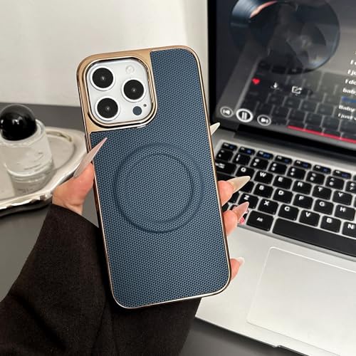 ADKOT Lederstrukturhülle für iPhone 16 E 15 14 13 12 11 Pro Plus Max Plating Magnetic Hybrid (für iPhone 14 Plus/Marineblau) von ADKOT
