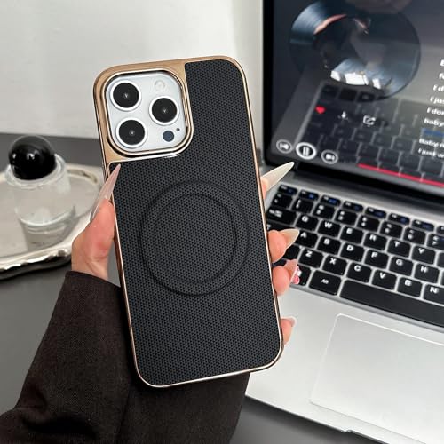 ADKOT Lederstrukturhülle für iPhone 16 E 15 14 13 12 11 Pro Plus Max Plating Magnetic Hybrid (für iPhone 15 Pro/Schwarz) von ADKOT