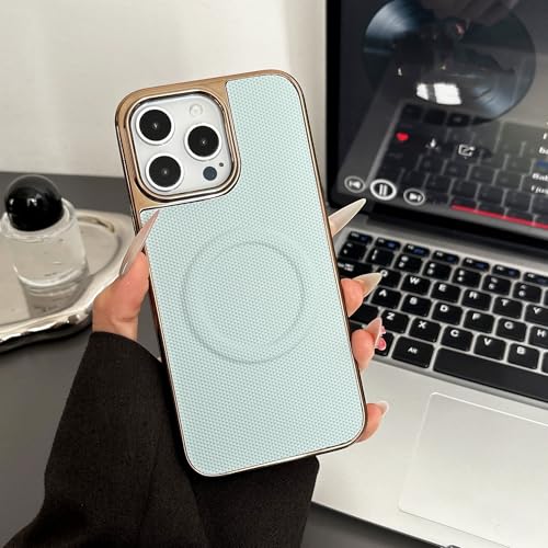 ADKOT Ledertexturhülle für iPhone 16 E 15 14 13 12 11 Pro Plus Max Plating Magnetic Hybrid (für iPhone 16/Himmelblau) von ADKOT