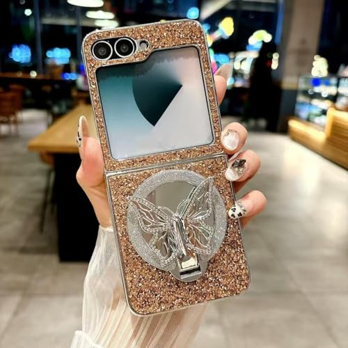 Luxuriöse Handyhülle mit Diamant-Schmetterlings-Spiegelring für Samsung Galaxy Z Flip 3 4 5 6 (für Z Flip 6/Roségold) von ADKOT