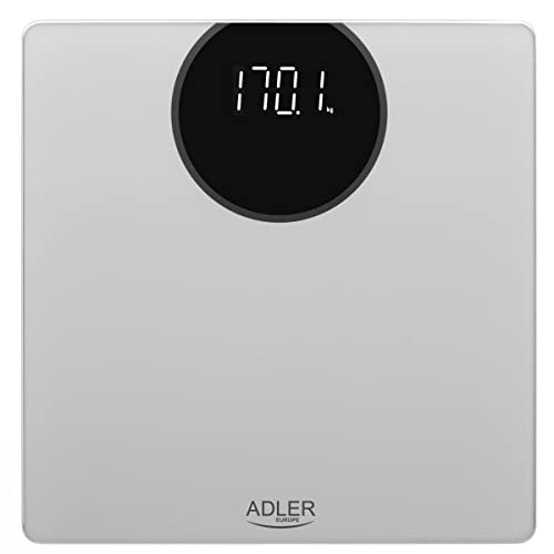 ADLER AD8175 Digitale Personenwaage – Elektronische Körperwaage mit Hochpräzisen Sensoren und Gehärtetem Glas – Kontrastreiches LED-Display – Inklusive Batterien – Silber von ADLER