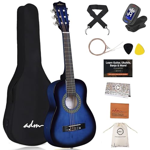ADM 1/4 Kindergitarre Junior-Konzertgitarre für Anfänger mit Clip-Stimmgerät, Tasche, Gurt, Zusätzlichen Saiten und Plektren, Blau von ADM