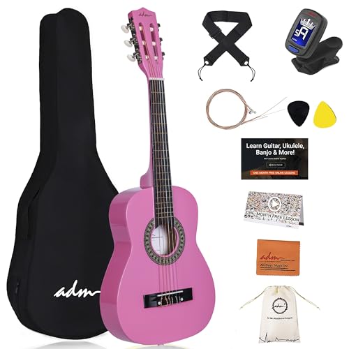 ADM 1/4 Kindergitarre Junior-Konzertgitarre für Anfänger mit Clip-Stimmgerät, Tasche, Gurt, Zusätzlichen Saiten und Plektren, Rosa von ADM