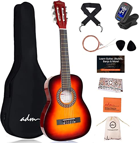 ADM 1/4 Kindergitarre Junior-Konzertgitarre für Anfänger mit Clip-Stimmgerät, Tasche, Gurt, Zusätzlichen Saiten und Plektren, Sunburst von ADM