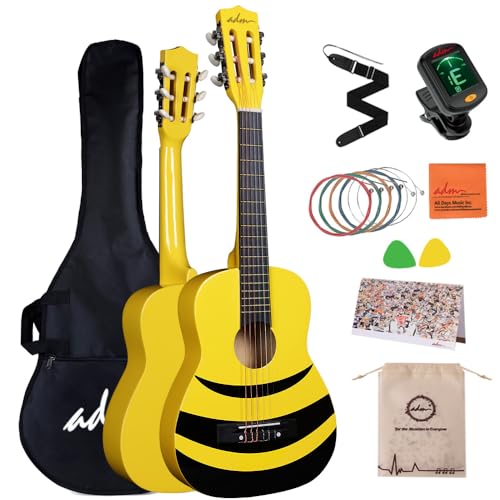 ADM 1/4 Kindergitarre Junior-Konzertgitarre für Anfänger mit Stimmgerät, Tasche, Gurt, Zusätzlichen Saiten und Plektren, gelb Honigbiene von ADM