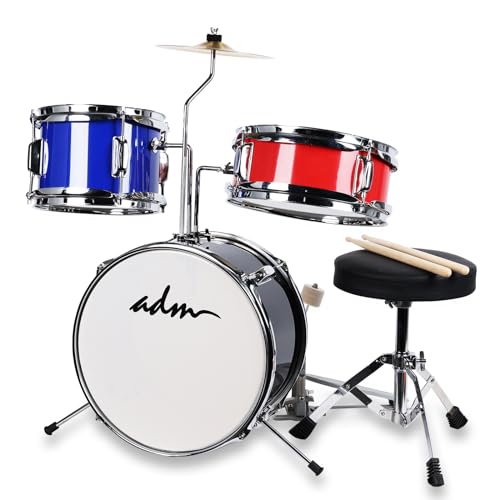 ADM Kinder Schlagzeug Set für Anfänger, von 3-9 Jahren, 14" 3 PC Junior Drum Schlagzeug Kit mit Snare, Tom, Bass Drum, Pedal, Throne, Becken, Drumsticks und Stille Matten(rot, blau, schwarz) von ADM